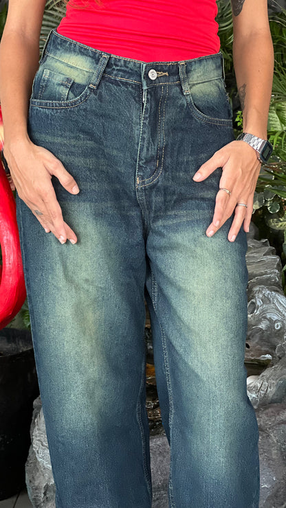 VINTAGE GREEN WASH BAGGY JEANS